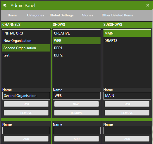 Create/Edit organisation categories for better management.